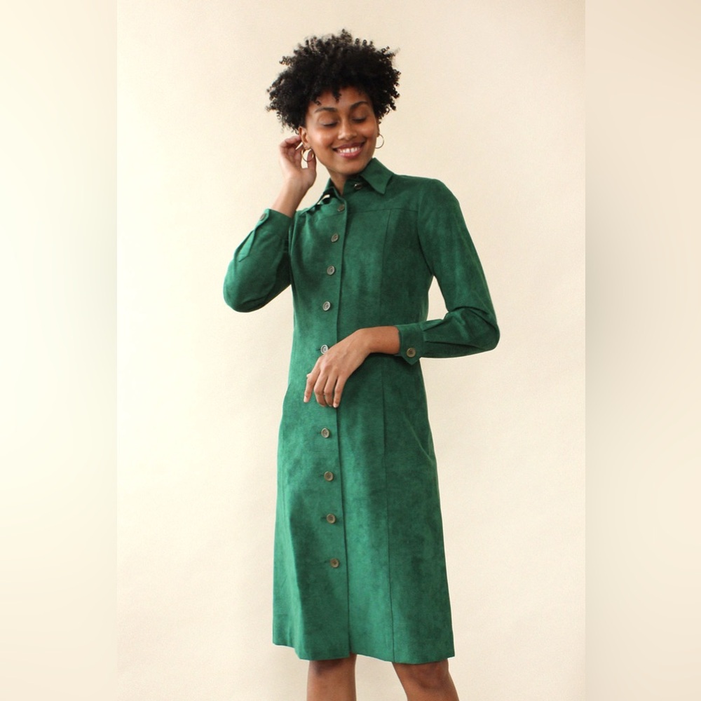 Vtg 1970s Green Ultra Suede Dress Coat